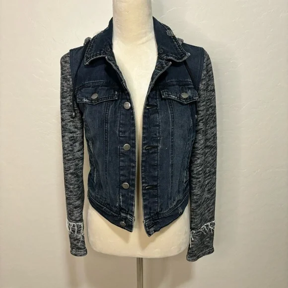 Free People Distressed Denim Jean Knit Sweatshirt Hoodie Jacket size XS - Picture 6 of 13